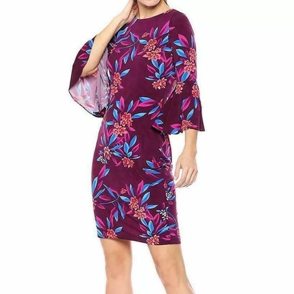 Calvin Klein sz 12 purple floral bell sleeve jersey dress